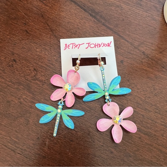 Betsey Johnson Pink Flower and Blue Green Dragonfly Earrings - Picture 2 of 3